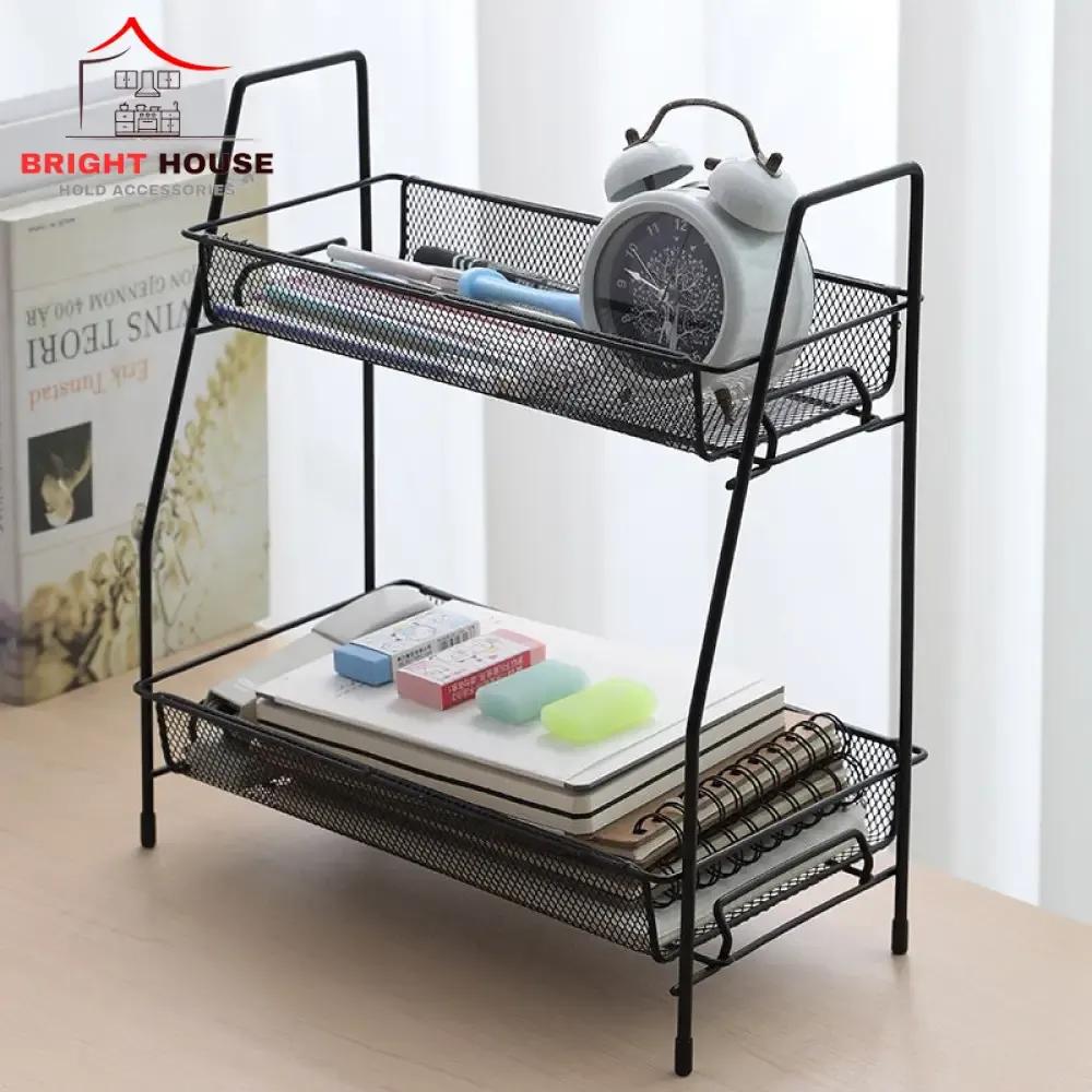 Black 2-tier metal rack used for countertop organization