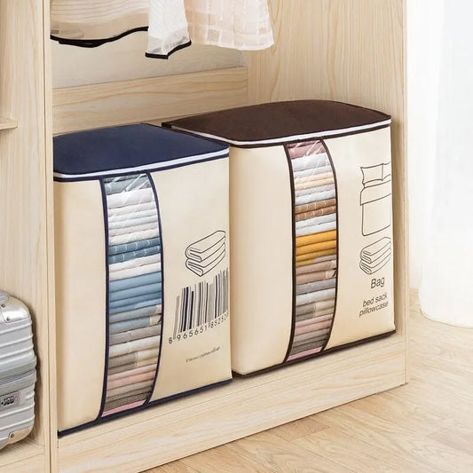 Clear-window clothes storage bags organized inside a wardrobe