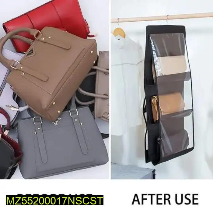 Handbags organized in a 6-pocket hanging closet organizer after use
