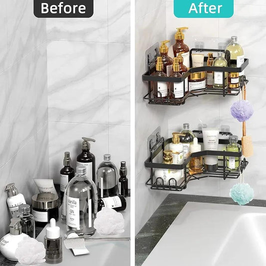 Before and after bathroom organization using black corner wall shelves