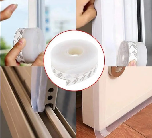Door sealing strip shown being applied around door and window gaps