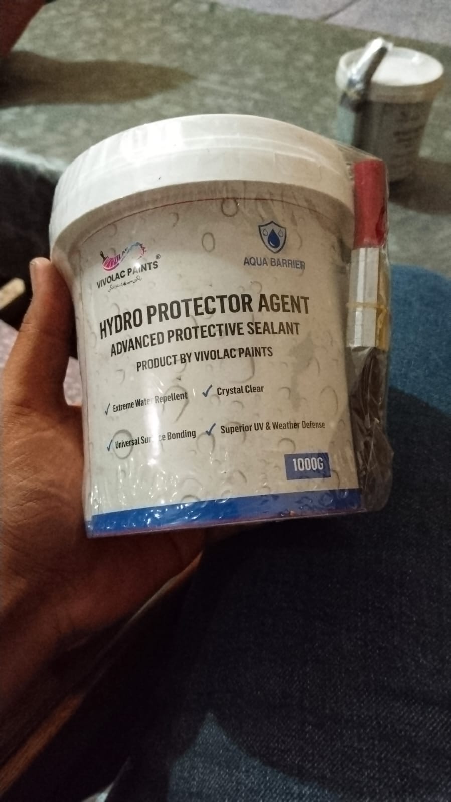 Hydro Protector advanced protective sealant 1000g container shown with an applicator brush