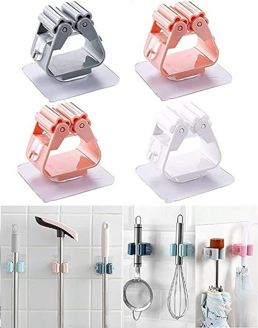 Self-adhesive mop and broom holders in multiple colours with household cleaning-tool examples