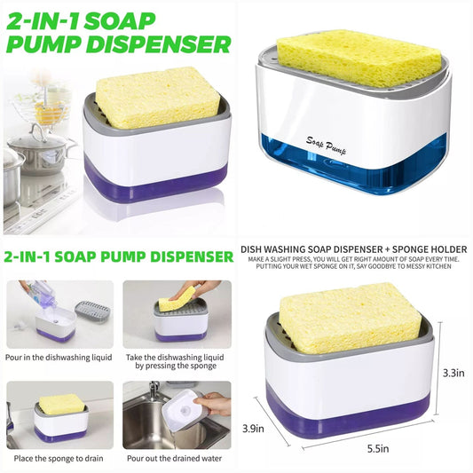 2-in-1 soap dispenser and sponge holder showing use instructions and dimensions
