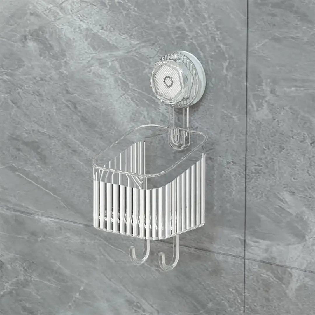 Transparent wall-mounted bathroom shelf with suction-style mount and two lower hooks