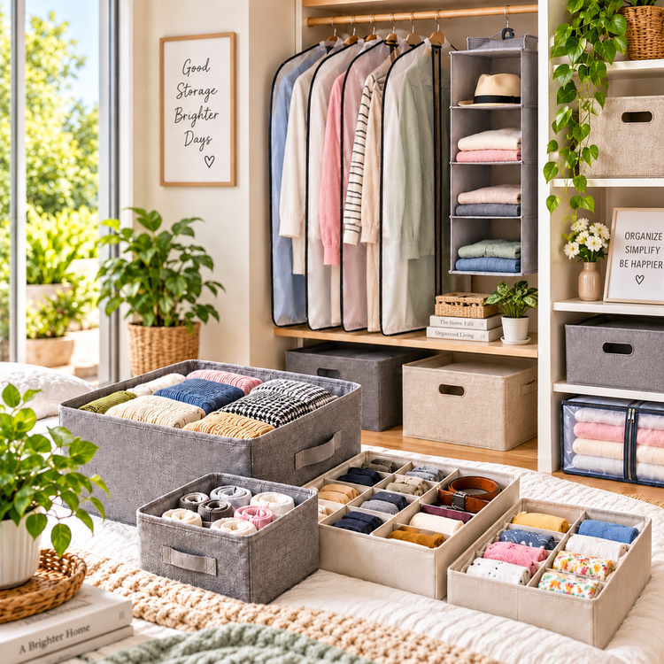 Storage and organization solutions for wardrobes, shelves and home spaces