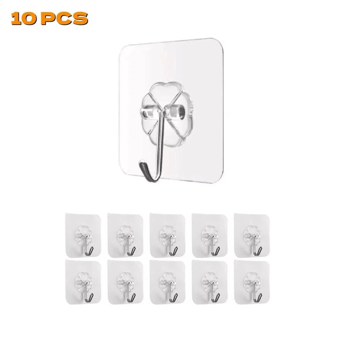 10-piece set of transparent adhesive wall hooks with silver metal hooks