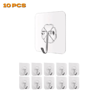 10-piece set of transparent adhesive wall hooks with silver metal hooks