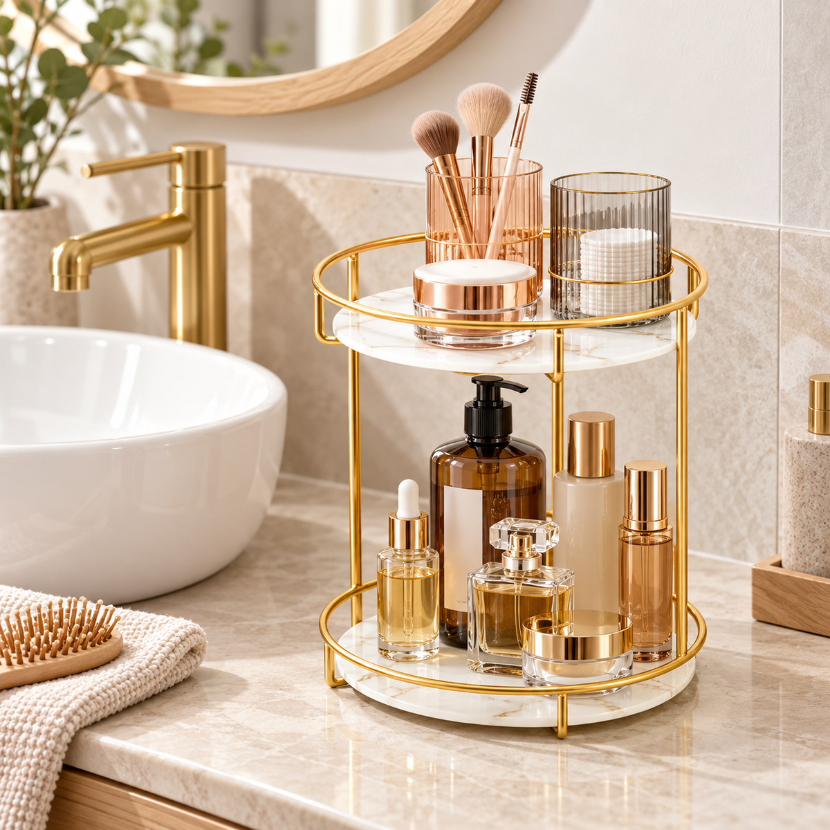 2-Tier Gold Bathroom Countertop Organizer with Marble-Style Shelves