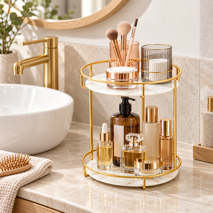2-Tier Gold Bathroom Countertop Organizer with Marble-Style Shelves