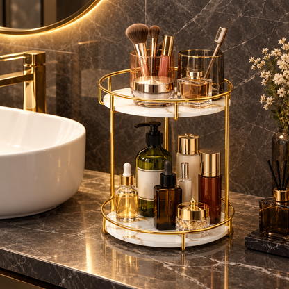 2-Tier Gold Bathroom Countertop Organizer with Marble-Style Shelves