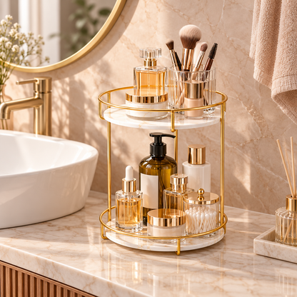 2-Tier Gold Bathroom Countertop Organizer with Marble-Style Shelves