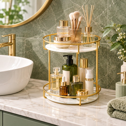 2-Tier Gold Bathroom Countertop Organizer with Marble-Style Shelves