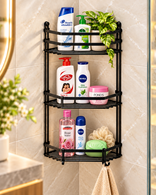3-Tier Black Corner Bathroom Shelf – Space-Saving Metal Rack