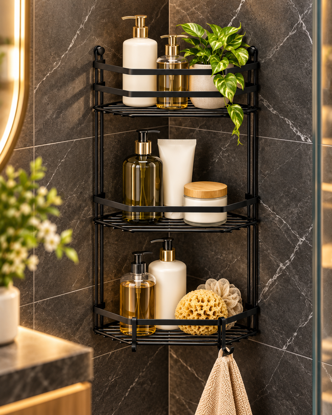 3-Tier Black Corner Bathroom Shelf – Space-Saving Metal Rack
