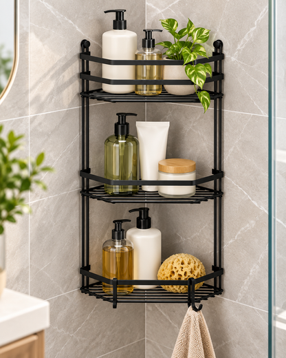 3-Tier Black Corner Bathroom Shelf – Space-Saving Metal Rack