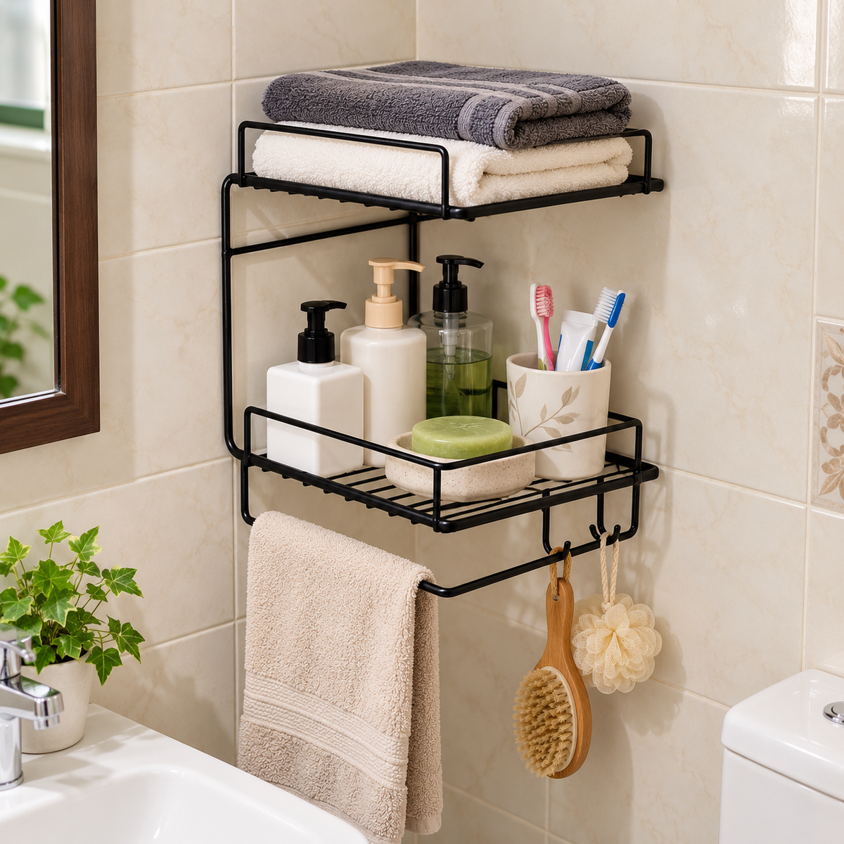 2-Tier Black Stainless Steel Bathroom Organizer – Wall-Mounted Towel & Toiletry Rack