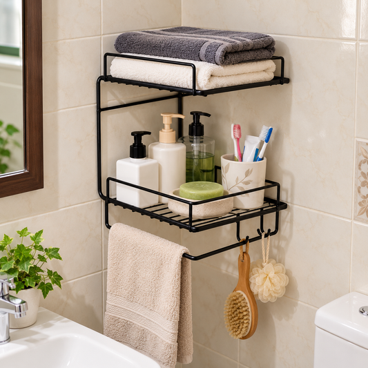 2-Tier Black Stainless Steel Bathroom Organizer – Wall-Mounted Towel & Toiletry Rack