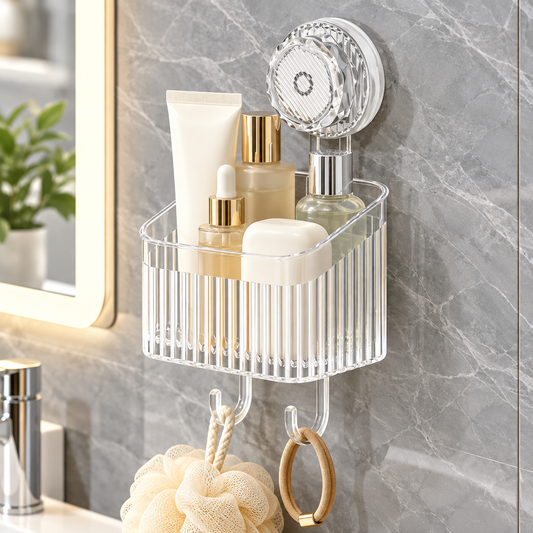 Transparent Wall-Mounted Bathroom Shelf with Suction Mount & Hooks