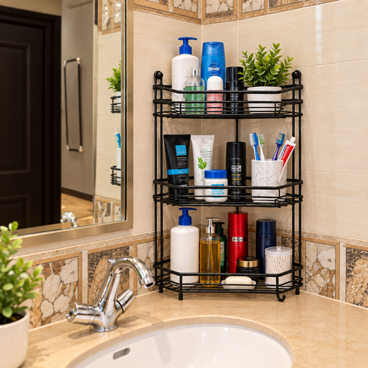 3-Tier Black Corner Bathroom Shelf – Space-Saving Metal Rack