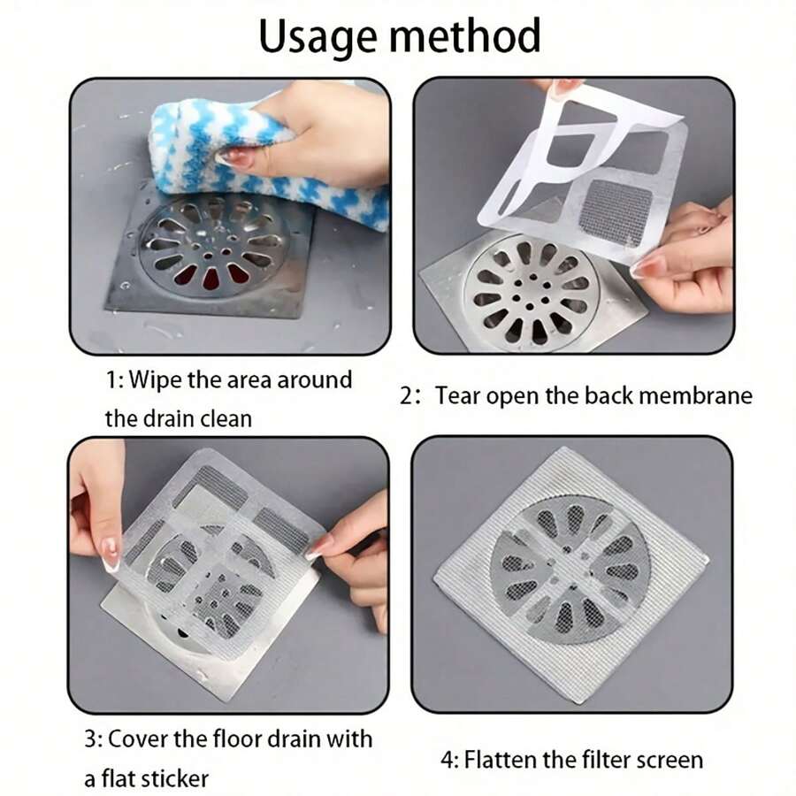 Installation steps for adhesive drain hair catcher mesh sticker