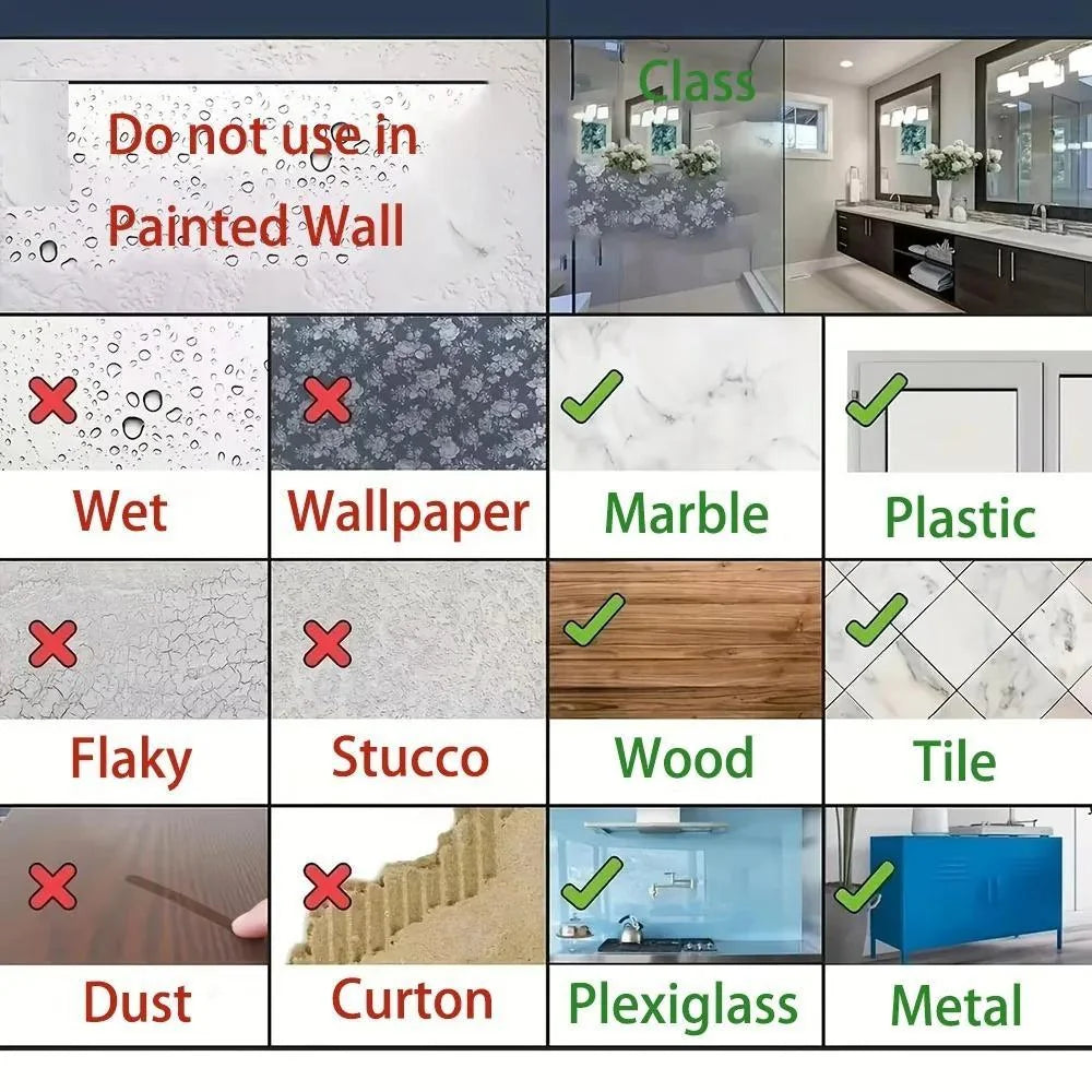 Recommended and unsuitable surfaces for adhesive wall hooks