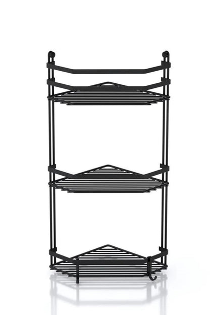 Black 3-tier metal corner bathroom shelf on white background