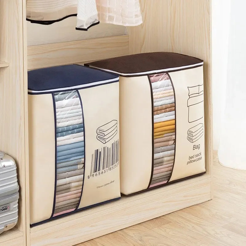 Clear-window clothes storage bags organized inside a wardrobe