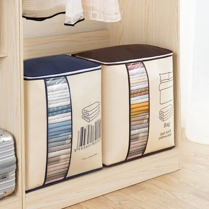 Clear-window clothes storage bags organized inside a wardrobe