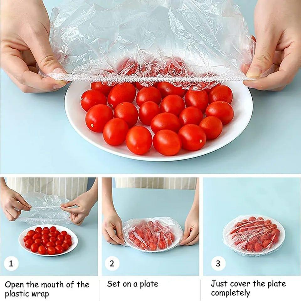 Elastic food cover being stretched over a plate with step-by-step use