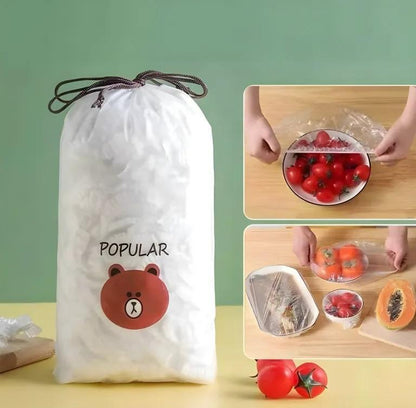 Elastic food covers in storage bag with examples covering bowls and food