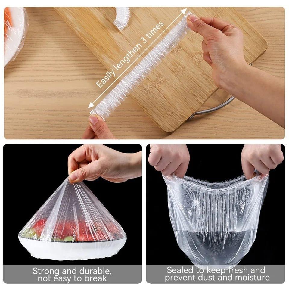 Stretchable elastic food cover shown expanded over containers
