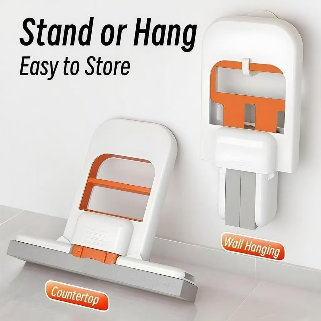 Foldable mini sponge mop standing on countertop and hanging on wall