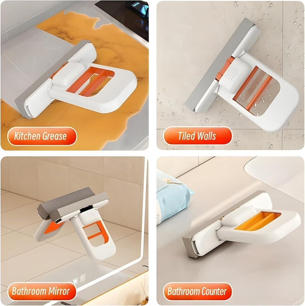 Foldable mini sponge mop shown cleaning grease, tiles, mirror and bathroom counter