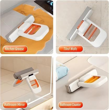 Foldable mini sponge mop shown cleaning grease, tiles, mirror and bathroom counter