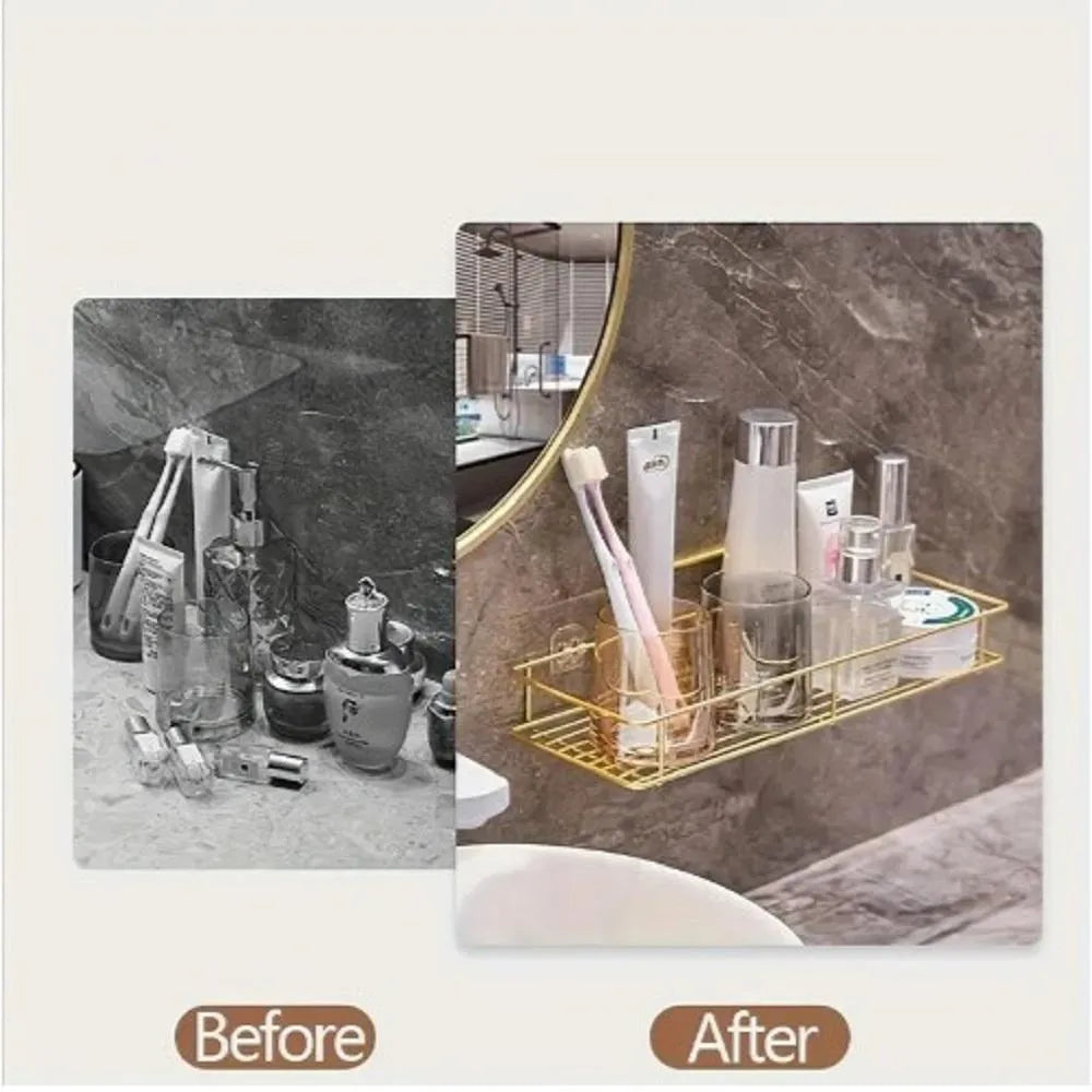 Before and after bathroom organization using gold wall shelf