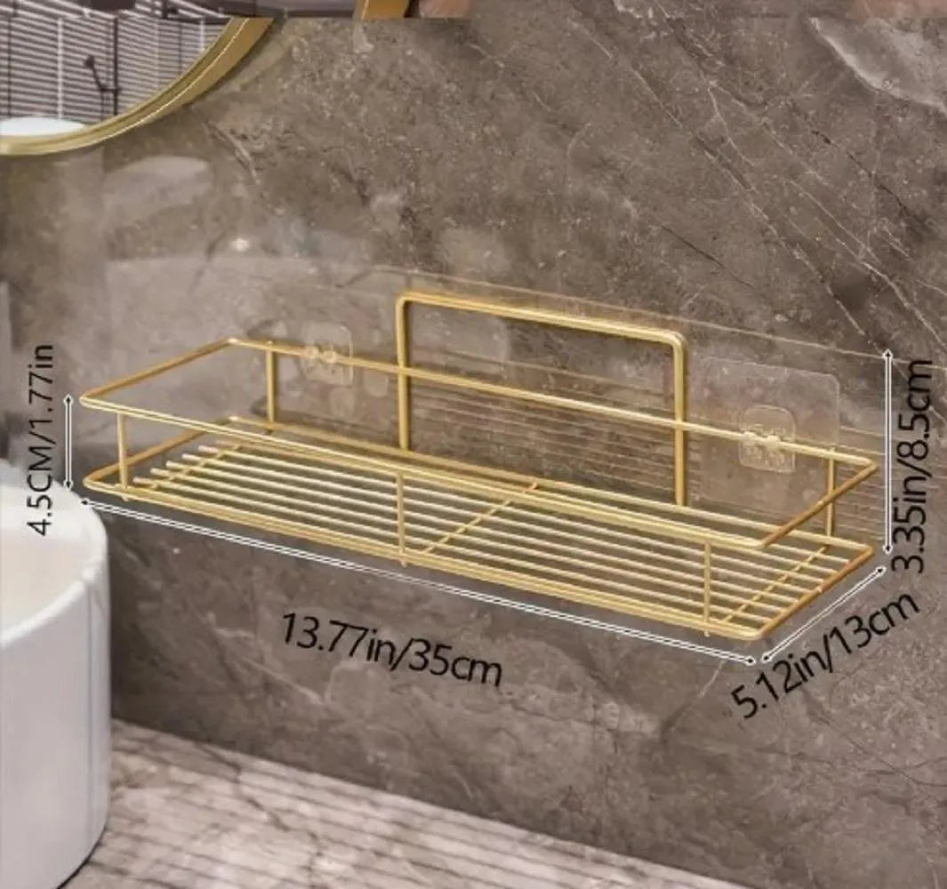 Gold wall-mounted bathroom rack with dimensions shown