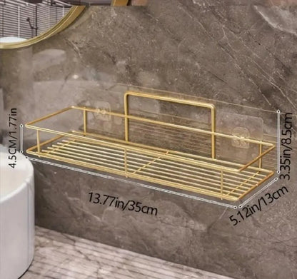 Gold wall-mounted bathroom rack with dimensions shown