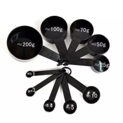 10-piece black measuring cups and spoons set for kitchen use