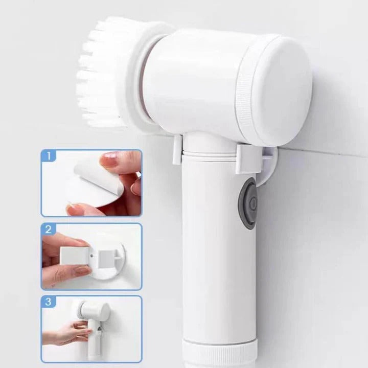 Rechargeable electric cleaning brush stored on wall-mounted holder