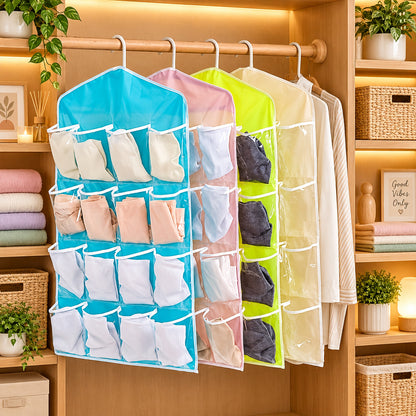 16-pocket hanging organizer with clothes stored in front pockets