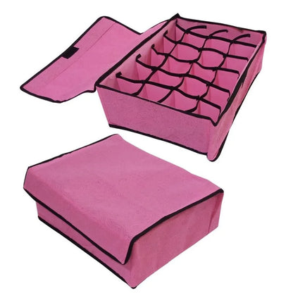 Pink colour example of the 24-cell lidded organizer shown open and closed