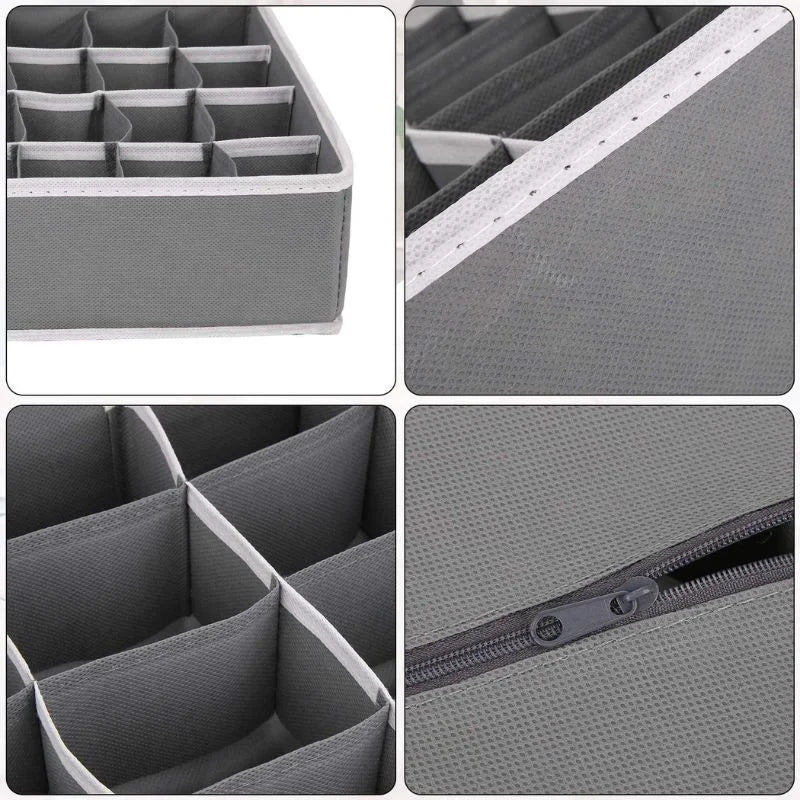 Close-up details of the 24-cell lidded organizer fabric, compartments, stitching and zipper
