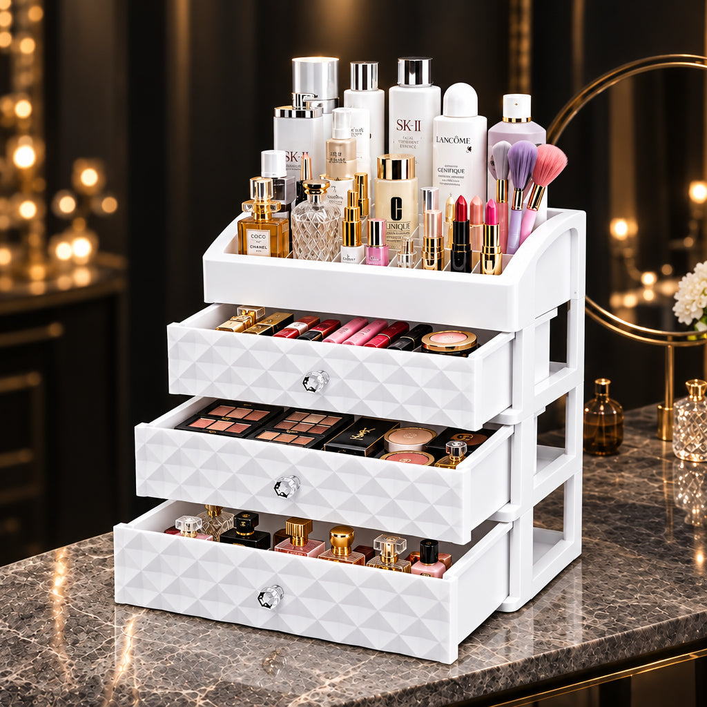 White cosmetic organizer with three drawers open and beauty products stored inside