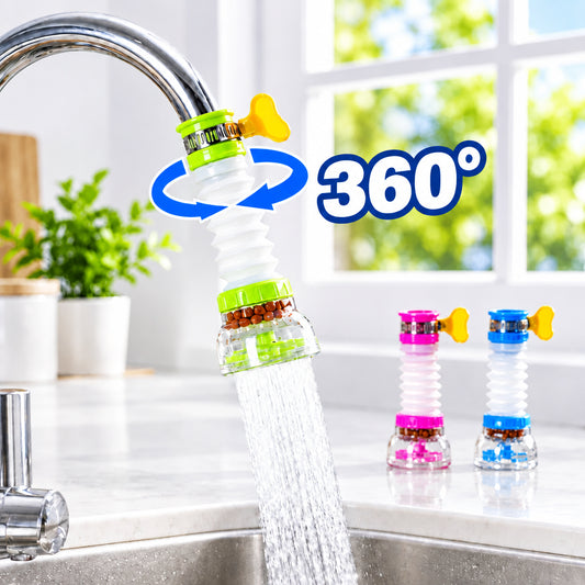 360 degree flexible faucet spray extender installed on a kitchen tap