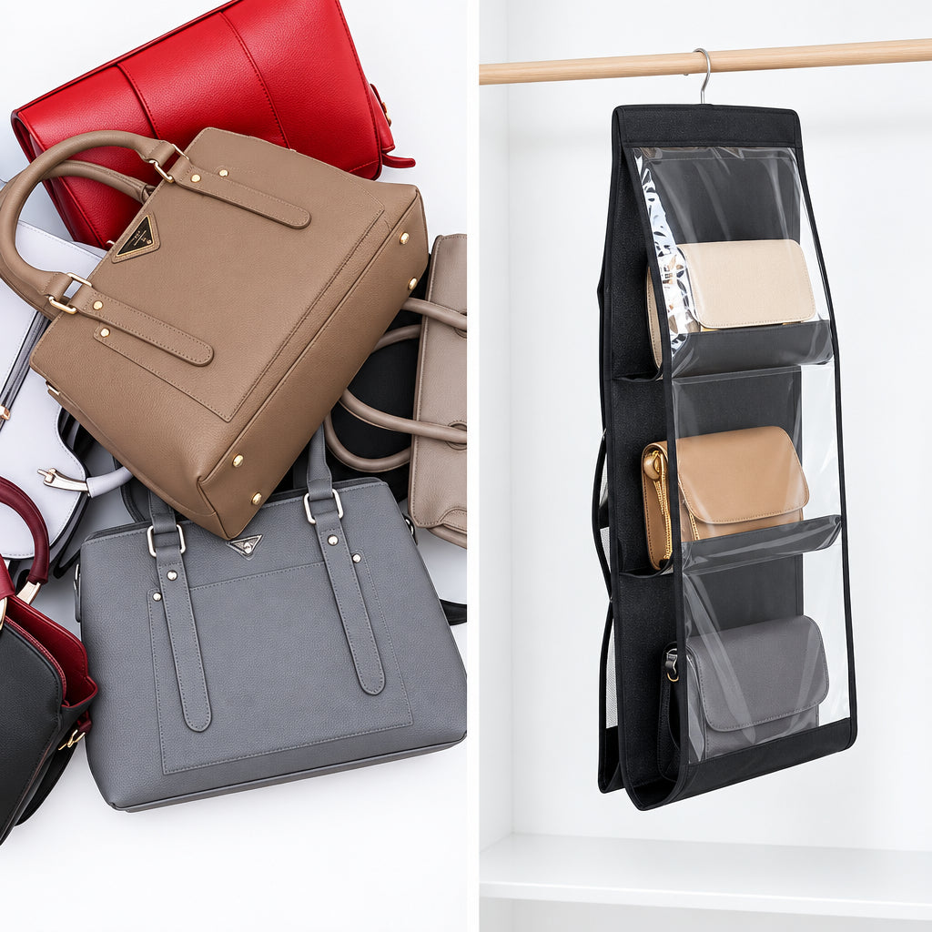 Handbags organized in a 6-pocket hanging closet organizer after use