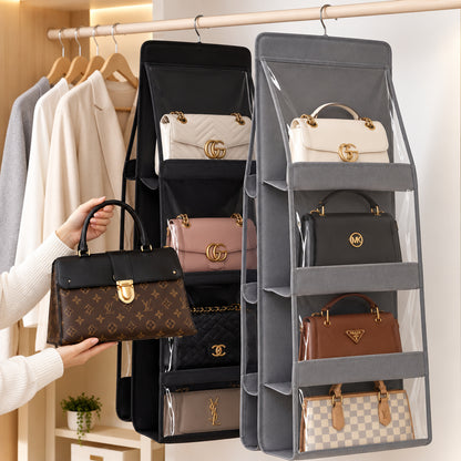 6-pocket hanging handbag organizer holding handbags in a wardrobe
