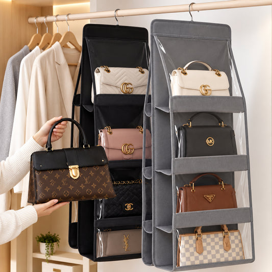 6-pocket hanging handbag organizer holding handbags in a wardrobe