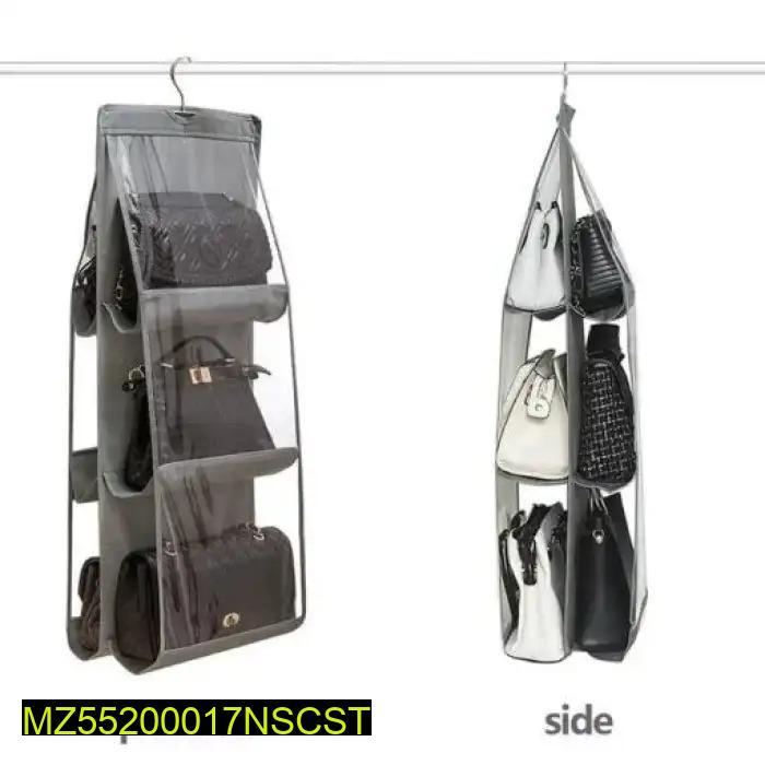 6-pocket hanging handbag organizer front and side views with handbags