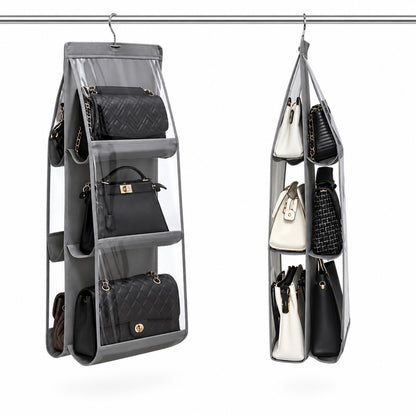 6-pocket hanging handbag organizer front and side views with handbags